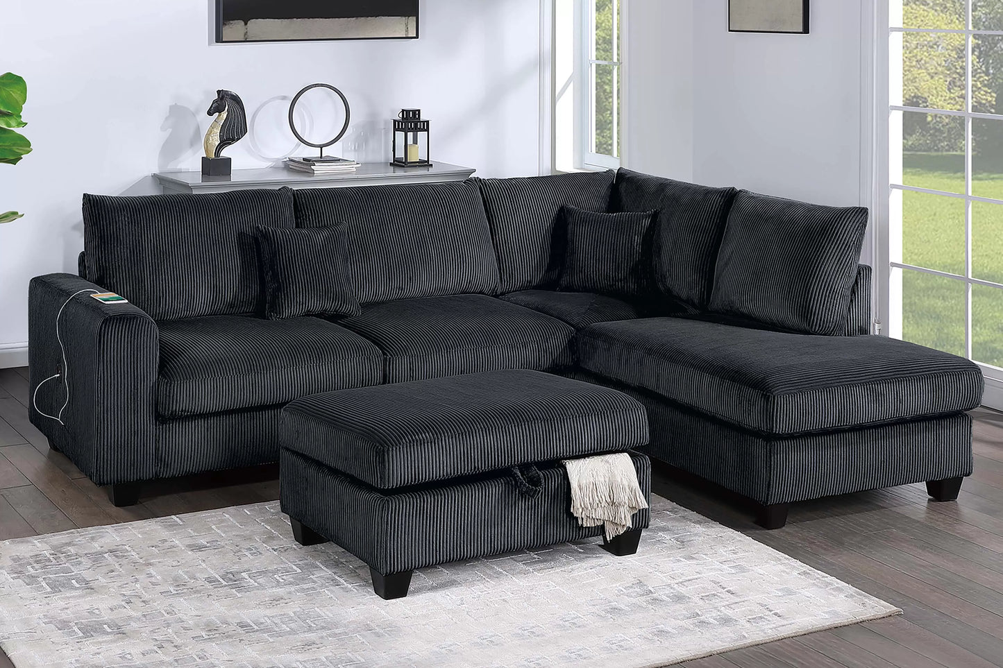 Black sectional w/ storage ottoman