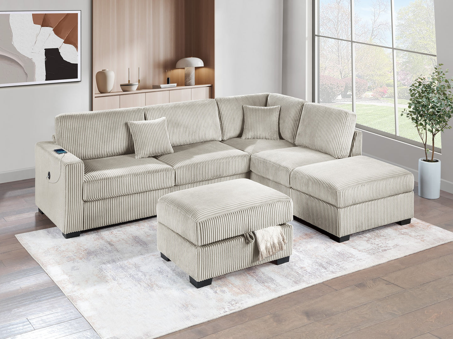 Camel comfy reversible sectional w/ storage ottoman