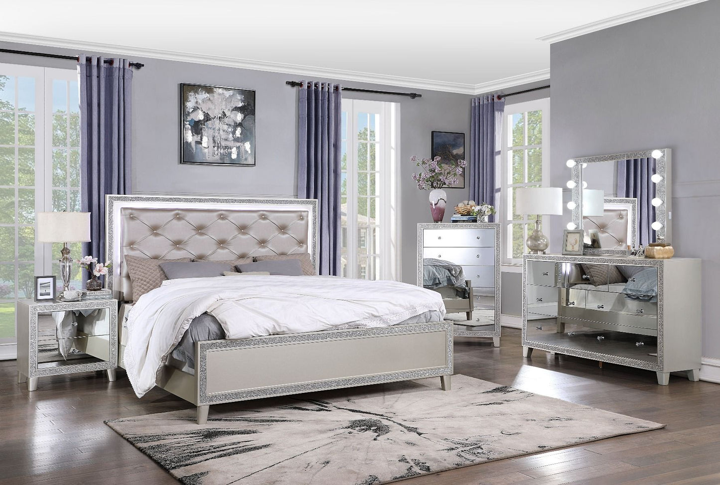 Sliverfluff - Eastern King Bed With LED - Synthetic Leather & Champagne