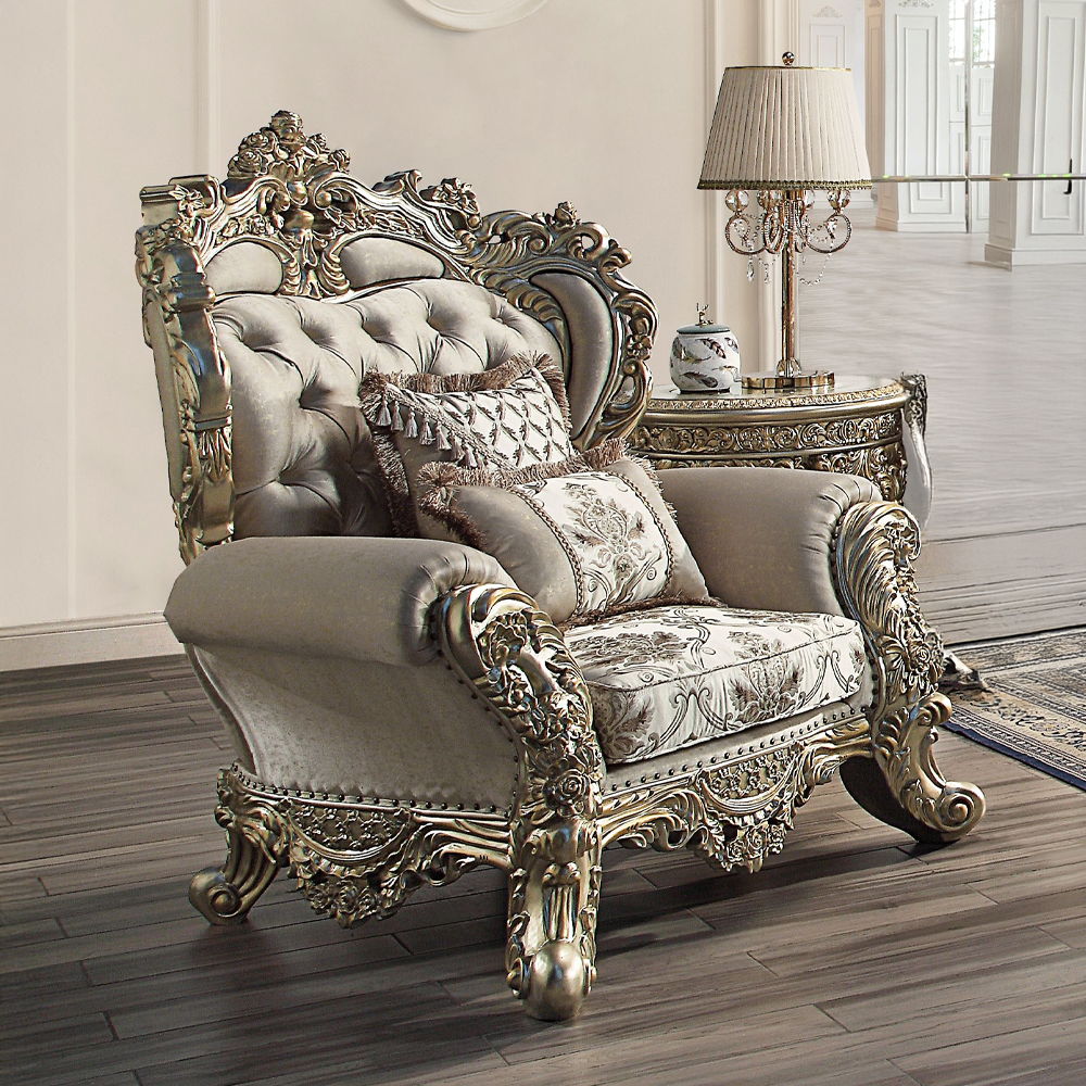Danae - Chair With 2 Pillows - Fabric, Champagne & Gold