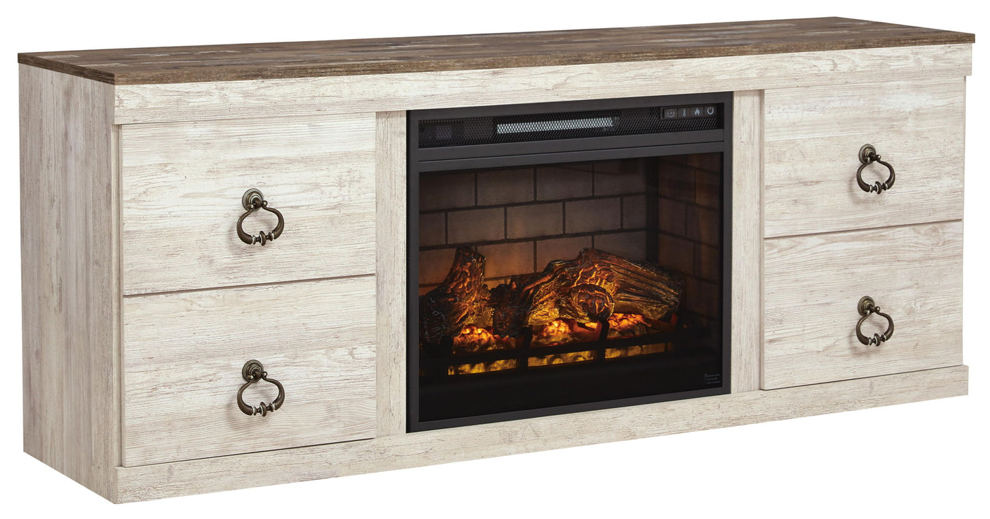 Willowton - 2 Pc. - TV Stand With Faux Firebrick Fireplace Insert - Whitewash