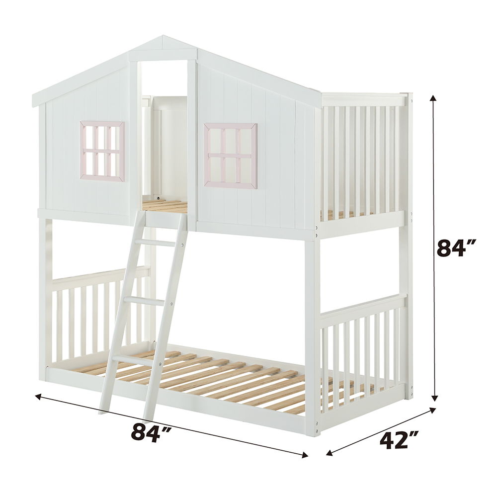 Rohan Cottage - Twin Over Twin Bunk Bed - White & Pink