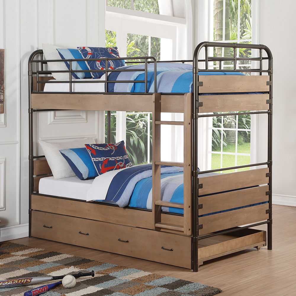 Adams - Twin Over Twin Bunk Bed With Trundle - Antique Oak & Gunmetal
