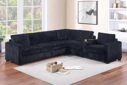 Modern Black Corduroy Sectional with Cupholders