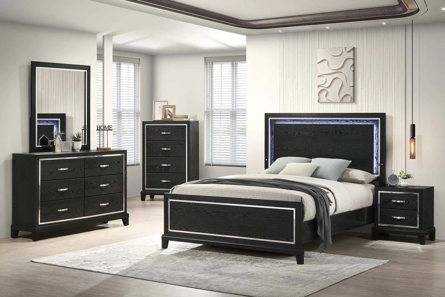 Modern Black LED Panel Bedroom Set