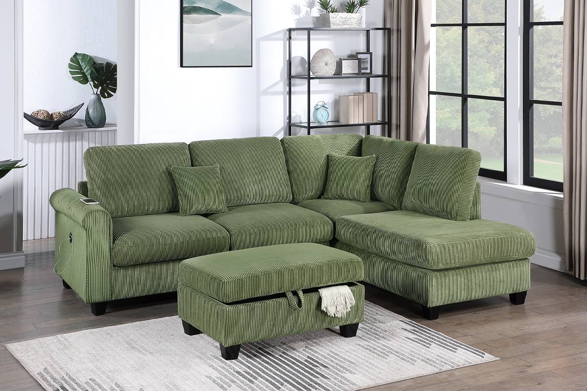 Sage Green sectional w/ storage ottoman